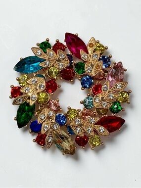 Gold-Tone Multicolor Crystal Leaf Wreath Brooch Pin